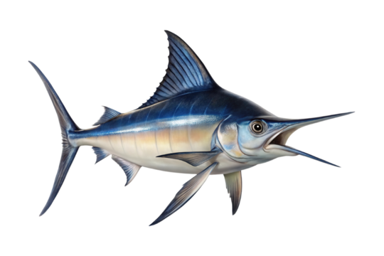 Majestic blue marlin with spear like bill swimming gracefully isolated on transparent background