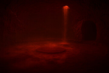 Thick Red Fog Swirling Dramatically In Dark Atmospheric Room