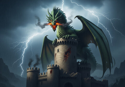 Ferocious Green Dragon Perched Atop a Battered Castle Tower During a Storm with Lightning