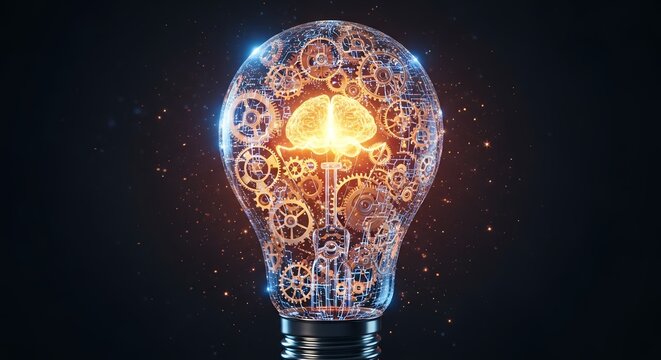Light bulb containing gears and a glowing brain against a dark starry background - Powered by Adobe
