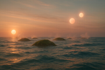 Triple Sun Rising Over Surreal Misty Ocean Landscape