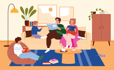 Parents and children enjoy reading books together in a warm home setting, sharing stories and quality time on the sofa and floor, vector illustration