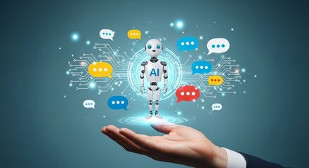 A hand holding a robot with ai on its chest surrounded by speech bubbles and circuits