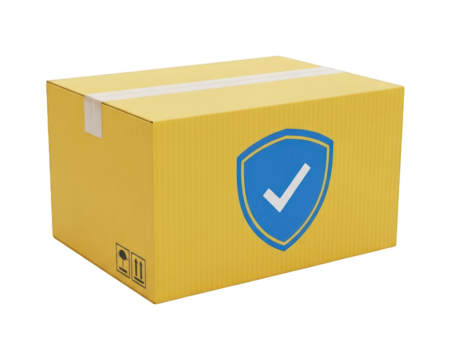 Cardboard shipping container prominently displays a blue shield icon with a white checkmark indicating verified shipment