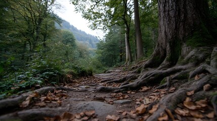 A forest path winds through ancient tree roots and fallen autumn leaves leading up a misty mountain slope