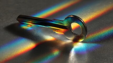 A single shiny metal key is bathed in a vibrant spectrum of rainbow light creating a colorful prismatic effect on a textured surface.
