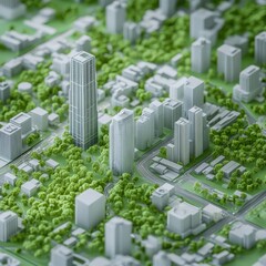 Expansive 3D AI-designed city model displaying clusters of green towers and geometric structures
