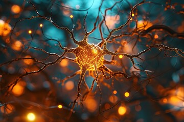 macro brain nerve cells with many branches and glowing center. image is representation of brain and its complex network of neurons. glowing center of brain suggests that it is active