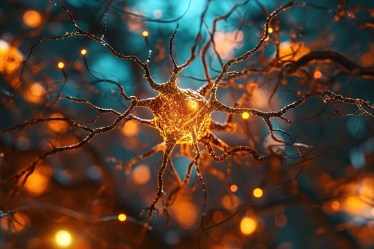 macro brain nerve cells with many branches and glowing center. image is representation of brain and its complex network of neurons. glowing center of brain suggests that it is active