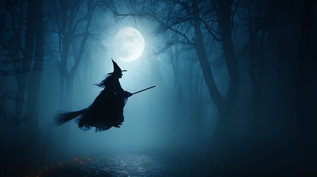 Flying Witch Silhouette in Mysterious Moon - Lit Forest Background for Halloween Design
