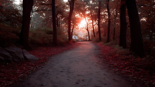 A tranquil forest path bathed in the warm glow of a crimson sunset with fallen autumn leaves scattered on the ground - Powered by Adobe
