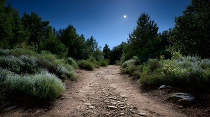 Obraz premium A dirt path winds through a sunny wooded landscape under a clear blue sky