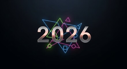 2026 metallic numbers and vibrant neon geometric shapes design