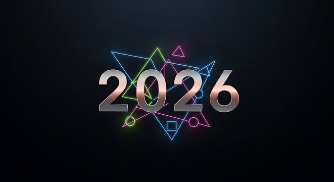 2026 metallic numbers and vibrant neon geometric shapes design
