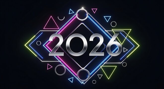 Year 2026 numbers with vibrant glowing neon geometric framework