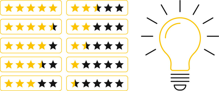 5 star rating and glowing bulb emphasizing ideas, reviews, feedback, innovation, goals. Creativity, teamwork, quality improvement evaluation user experience illustration - vector, PNG, JPG