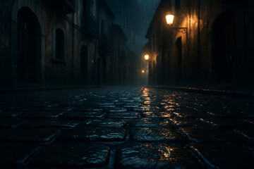 Dark Rainy Alley With Old Buildings And Reflections At Night