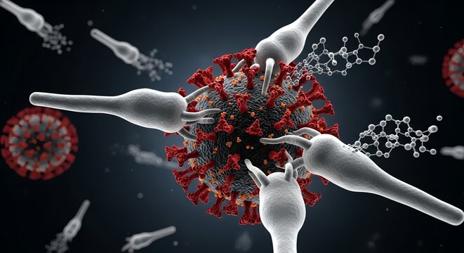 Microscopic view of virus with antibodies attacking it and molecular structures around