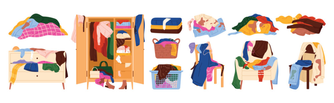Various heaps of messy clothes, overflowing baskets, cluttered chairs, and untidy closets showing household disorder and laundry clutter set isolated on white background vector illustration