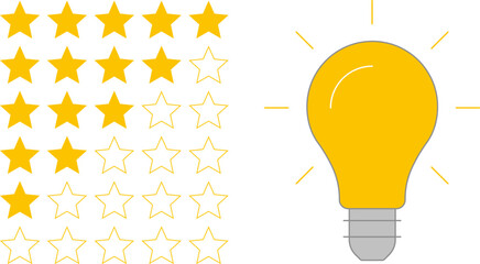 5 star rating and glowing bulb emphasizing ideas, reviews, feedback, innovation, goals. Creativity, teamwork, quality improvement evaluation user experience illustration - vector, PNG, JPG