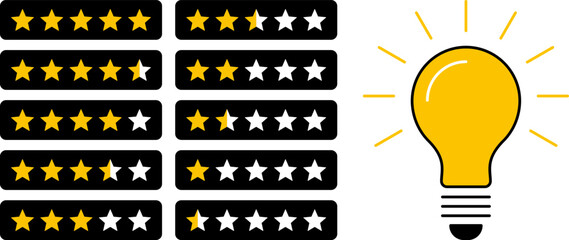 5 star rating and glowing bulb emphasizing ideas, reviews, feedback, innovation, goals. Creativity, teamwork, quality improvement evaluation user experience illustration - vector, PNG, JPG