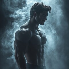 His muscular form reflects faint ambient glows, surrounded by drifting cold mist