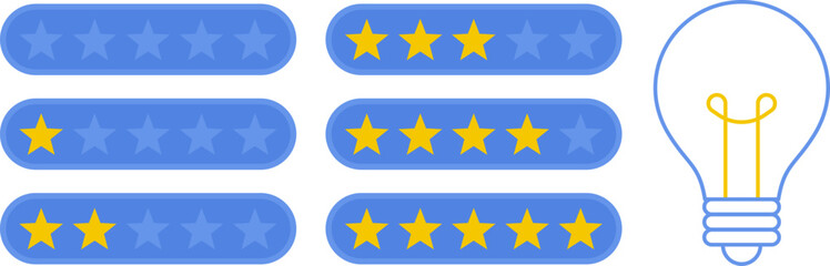 Fototapeta premium 5 star rating and glowing bulb emphasizing ideas, reviews, feedback, innovation, goals. Creativity, teamwork, quality improvement evaluation user experience illustration - vector, PNG, JPG
