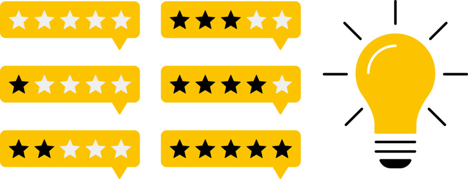 5 star rating and glowing bulb emphasizing ideas, reviews, feedback, innovation, goals. Creativity, teamwork, quality improvement evaluation user experience illustration - vector, PNG, JPG