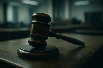 Wooden Judge&rsquo;s Gavel Resting On Block In Courtroom