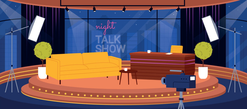 Colorful television talk show set with sofa, presenter desk, stage lights, camera, and city night backdrop, designed for entertainment and interview program vector illustration