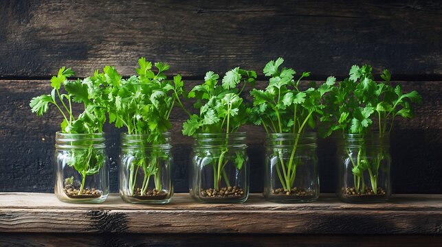 Fresh cilantro herbs growing in mason jars on rustic wooden surface