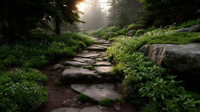 A winding stone path leads through a lush green forest with wildflowers and mossy rocks illuminated by soft sunset light and mist - Powered by Adobe