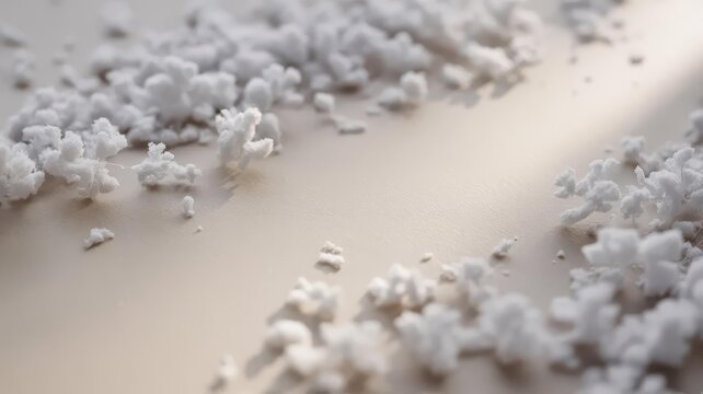 Minimalist Macro: White Fluffy Snow-Like Fibers on Pastel Beige - Holiday Banner / Hero Background