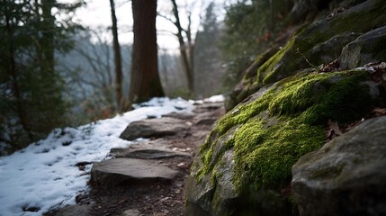 A snow dusted rocky path winds through a mossy forest during winter