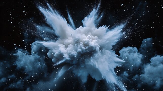 Explosion of white and blue powder against a dark background