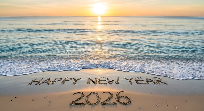 Happy new year 2026 written on beach sand at serene sunrise - Powered by Adobe