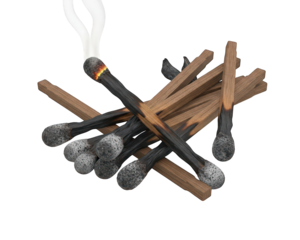 Pile of used wooden matches with one still smoldering against a dark background