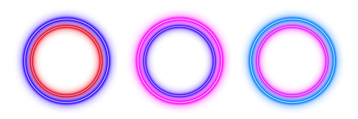 Circle frame line neon light set of two-color shaped objects isolated on white background	