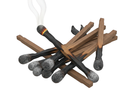 Pile of used wooden matches with one still smoldering against a dark background
