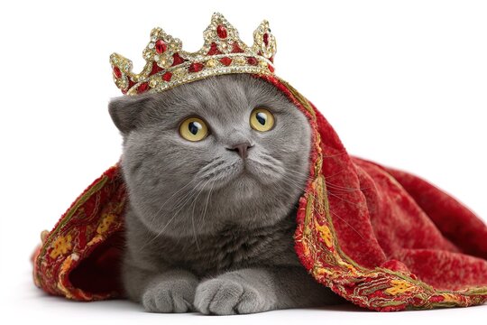 British cat in crown and red robe in isolated minimalist composition on white, combining humor, pet love and royal symbolism, perfect for lifestyle visuals, branding and themed holiday content