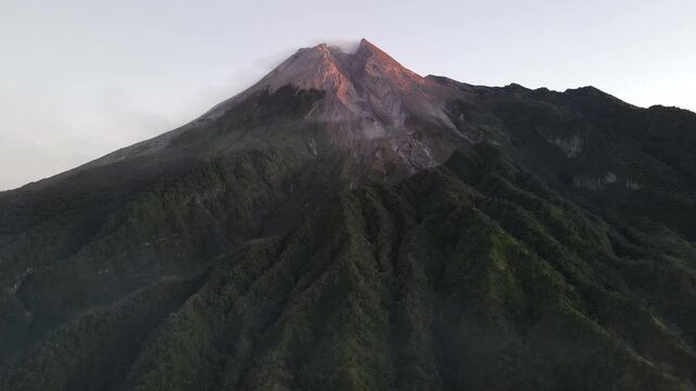 Sunrise Aerial View of Mount Merapi Volcano at dawn from Klangon Hill, Yogyakarta, Indonesia