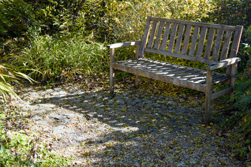 庭に置かれた古びた木のベンチ