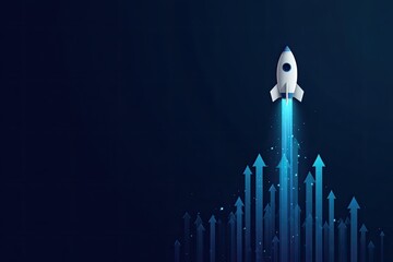 Rocket ascending amidst ascending blue arrows against a dark blue gradient background