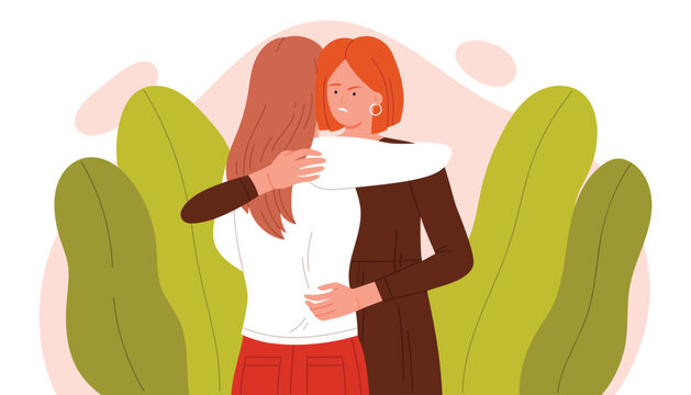 Two women hug each other, but one looks upset, highlighting the concept of hypocritical friendship and emotional conflict, isolated on white background vector illustration