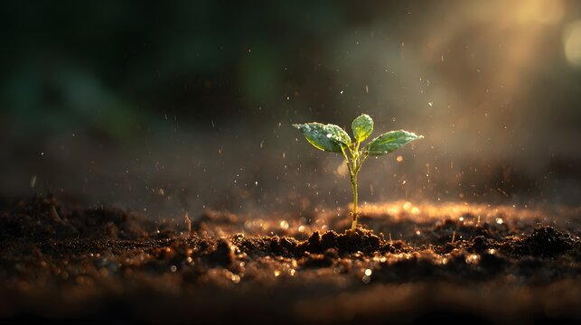 A tiny green seedling sprouting from rich dark soil under warm sunlight and gentle rain.