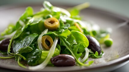 A vibrant and healthy green salad featuring arugula spinach and mixed olives.