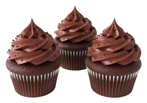 Three richly frosted chocolate confections sit against a dark background