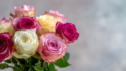 A vibrant bouquet of fresh multicolored roses against a soft textured background with copy space.