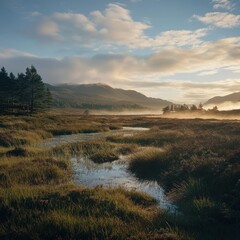 Morning dew sparkles across the landscape creating a tranquil highland mood