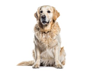 Obraz premium Full front portrait of a golden retriever dog sitting and looking at the camera